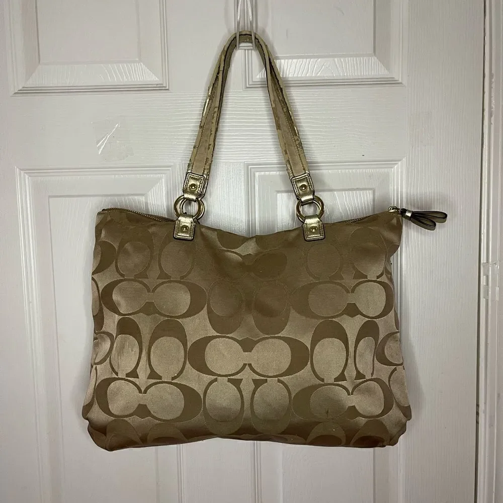 Coach large Tote Bag satin gold Signature F20026 metallic gold trim & Straps.